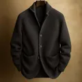 Detailed view of a premium grey knitted cardigan with shawl collar and buttons - S / Tops / Black