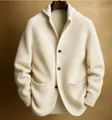 Close-up detail of cream men's shawl collar knitted cardigan with three buttons - 3XL / Tops / White