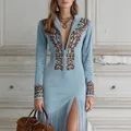 Vintage ethnic floral print zipper dress with long sleeves and tassel hem in light blue color - S / Dresses / Light Blue