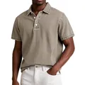 Men's retro washed khaki short sleeve polo shirt with classic lapel collar and buttons. - Khaki