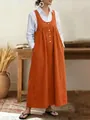 Casual orange sleeveless button-front pinafore dress for women in a loose fit lifestyle view - Orange