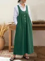 Full length view of a green sleeveless button-front pinafore dress with loose casual fit - S / Dress (Y3260) / Green