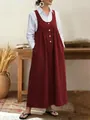 Casual loose red sleeveless pinafore dress with button details over a white shirt - S / Dress (Y3260) / Red