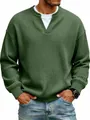 Close-up detail of men's dark green waffle knit sweater with a stylish notched V-neckline - S / Tops / Green
