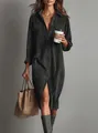 Elegant charcoal grey corduroy shirt dress with flap pockets for a sophisticated look. - XS / Dresses / Dark Gray