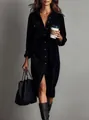 Elegant black corduroy shirt dress for women with chest pockets and button-down detail - XS / Dresses / Black