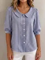 Elegant blue and white striped short sleeve shirt with a classic Peter Pan collar. - S / Tops / Dark Blue
