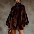 Robe courte en velours marron élégante avec col montant, nœud papillon et manches bouffantes. - S / Robes / Brun Foncé