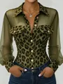 Detailed view of women's leopard print mesh patchwork shirt featuring elegant gold buttons - S / Tops / Olive
