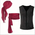 Vintage steampunk gothic lace-up vest set with maroon headscarf and waist sash for cosplay - 3XL / Set / Vest + Headscarf + Belt / Black