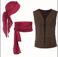 Vintage gothic steampunk lace-up vest set with matching red headscarf and waist sash - 3XL / Set / Vest + Headscarf + Belt / Coffee