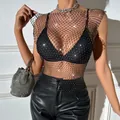 Detail of sparkly rhinestone fishnet mesh top with round neck for party wear - XS / Tops / Black AB