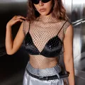Chic black rhinestone fishnet mesh top with round neck for trendy Y2K fashion style - XS / Tops / Black