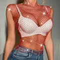 Sexy red fishnet mesh top featuring sparkling rhinestones and short sleeves design - Red