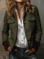 Detailansicht eines olivgrünen Vintage-Blazers aus Tweed mit braunem Samtbesatz am Ärmel. - XS / Oberteile / Armeegrün