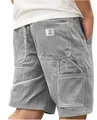 Detailed view of grey corduroy shorts with classic woven label and functional cargo pockets - S / Bottoms / Gray