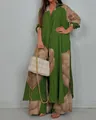 Mujer con un elegante conjunto de camisa larga y pantalón ancho en verde y beige. - S / Top Y Pantalón / Verde