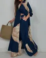 Elegante conjunto de dos piezas azul marino con una camisa larga y pantalón ancho - S / Top Y Pantalón / Azul marino