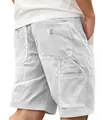 Detailed view of men's striped corduroy cargo shorts with back pocket patch. - S / Bottoms / White