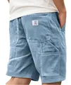 Close-up of men's blue corduroy cargo shorts showing texture and woven label detail - S / Bottoms / Sky Blue