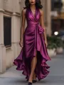 Elegant purple V-neck satin dress with ruffled high-low hem and waist bow - XS / Dresses / Burgundy
