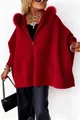 Stilvolle rote Oversize-Kapuzenstrickjacke mit luxuriösem Kunstpelzkragen und Taschen - Rot