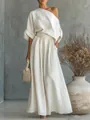 Elegante set bianco in lino con top monospalla e pantaloni larghi a vita alta - Taglia S / Top E Pantaloni / Bianco