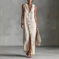 Elegant bohemian sleeveless hooded maxi dress in off-white linen blend fabric for women - S / Dresses / Off White