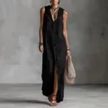 Elegant black sleeveless button-down maxi dress featuring a V-neckline for summer fashion - S / Dresses / Black