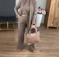 Elegante conjunto de 3 piezas en punto topo con cárdigan largo y pantalón de pernera ancha - S / Conjuntos / Caqui
