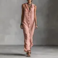Elegant pink sleeveless linen-style button-down maxi dress for women in a minimalist studio setting - S / Dresses / Pink