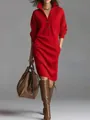 Vista detallada profesional de un vestido midi de punto rojo con cuello con botones - S / Vestidos / Rojo