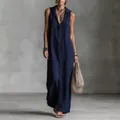 Elegantes ärmelloses Maxikleid in Marineblau mit klassischer durchgehender Knopfleiste - S / Kleider / Marineblau