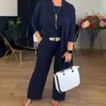 Elegante conjunto de 3 piezas azul marino con cárdigan largo y pantalón de oficina - S / Conjuntos / Azul marino