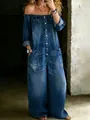 Mono vaquero con hombros descubiertos, botones y pernera ancha para mujer a la moda - S / Conjuntos / Azul