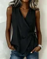 Haut cache-cœur noir élégant sans manches pour femmes avec nœud latéral et décolleté en V - S / Hauts / Noir