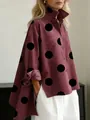 Detail view of maroon oversized shirt with large black polka dots and stand-up collar - S / Tops / Purple