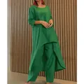 Ensemble deux pièces vert élégant en coton et lin avec tunique irrégulière et pantalon large - Vert