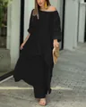 Ensemble deux pièces noir en coton et lin avec haut irrégulier et pantalon à jambes larges - Noir