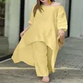 Ensemble deux pièces jaune en coton et lin pour femme avec ourlet irrégulier - Jaune