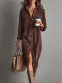 Elegant brown corduroy shirt dress featuring button-front and chest pockets detail - Dark Brown