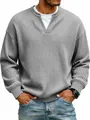 Close-up of men's gray waffle knit long sleeve T-shirt with a faux two-piece collar - Gray