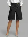 Chic women's black faux denim culottes with a unique asymmetric wrap front design - S / Bottoms / Black