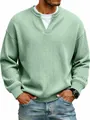 Macro detail view of men's sage green waffle knit long sleeve shirt with a v-neck - S / Tops / Light Green