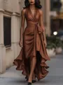 Elegant brown V-neck halter dress with irregular ruffle hem in silky satin finish - Coffee