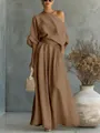 Elegante completo marrone con top monospalla e pantaloni a gamba larga da donna - Taglia S / Top E Pantaloni / Marrone scuro