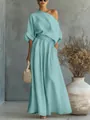 Elegante completo due pezzi azzurro con top monospalla e pantaloni a gamba larga - Celeste