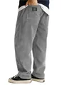 Detail view of men's gray corduroy pants featuring loose fit and pocket label texture - S / Bottoms / Gray