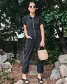 Chic black short sleeve jumpsuit with front zipper and pockets for casual summer style - XS / Set / Black