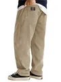 Detail view of the back pocket on men's khaki corduroy pants with a classic label. - Khaki